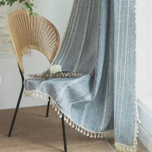 Sutuo Home Boho Curtains 84 Inches Long for Bedroom Living Room,Semi-Blackout French Country Linen Embroidery Vintage Chic Tassels Hollow Window Treatment Bohemian Drape, 1 Panel 52" W x 84" L, Blue