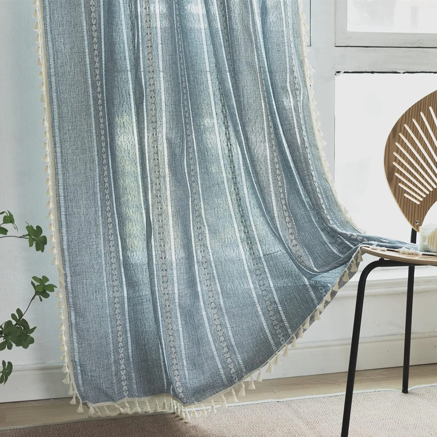 Sutuo Home Boho Curtains 84 Inches Long for Bedroom Living Room,Semi-Blackout French Country Linen Embroidery Vintage Chic Tassels Hollow Window Treatment Bohemian Drape, 1 Panel 52" W x 84" L, Blue