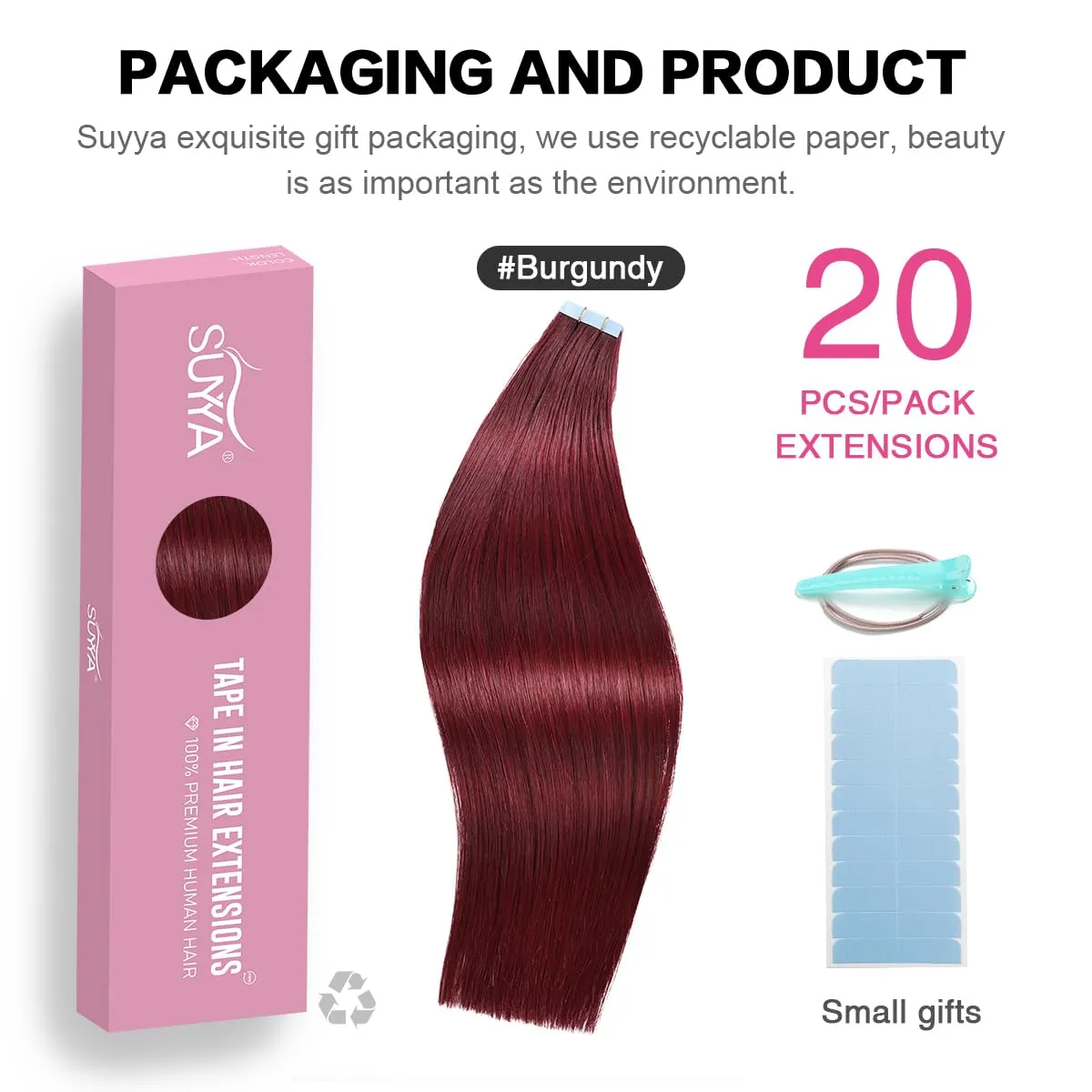 SUYYA Tape in Hair Extensions Human Hair Wine Red 20 inches 20pcs 50 Grams Per Pack Burgundy Straight Tape in Real Hair Extensions 99j(20 inches,#Burgundy)