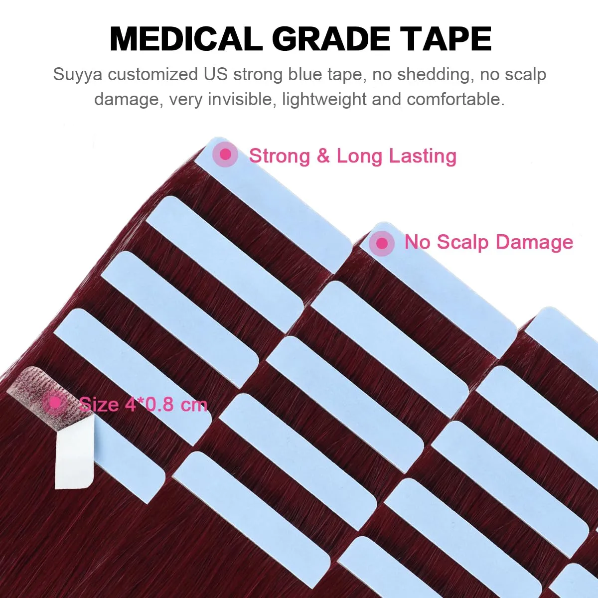 SUYYA Tape in Hair Extensions Human Hair Wine Red 20 inches 20pcs 50 Grams Per Pack Burgundy Straight Tape in Real Hair Extensions 99j(20 inches,#Burgundy)