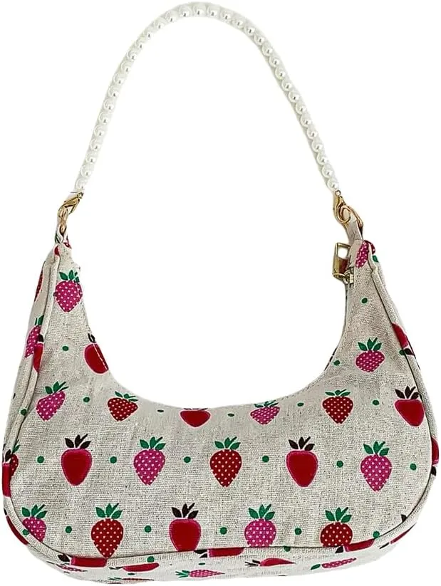 SweatyRocks Women's Cute Allover Print Shoulder Bag Pearl Chain Strap Zipper Underarm Purse Medium Hobo Bag