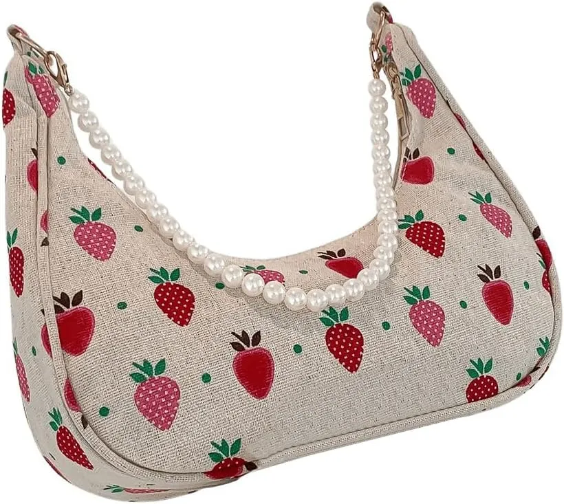 SweatyRocks Women's Cute Allover Print Shoulder Bag Pearl Chain Strap Zipper Underarm Purse Medium Hobo Bag