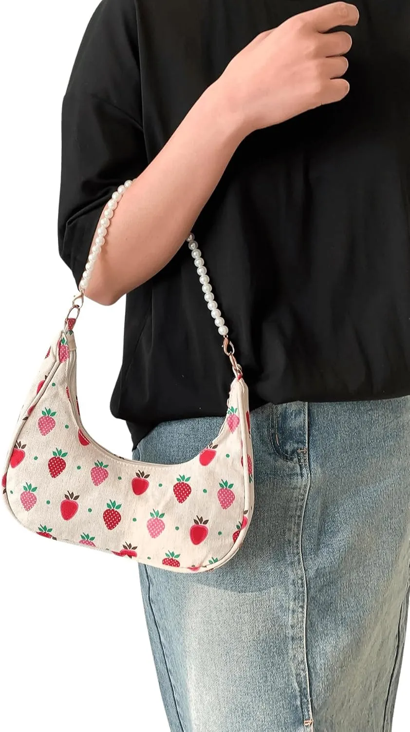SweatyRocks Women's Cute Allover Print Shoulder Bag Pearl Chain Strap Zipper Underarm Purse Medium Hobo Bag