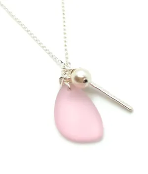 Sweetheart Chic Pink Blush Charm Necklace on 18 inch Sterling Silver Chain, with Sterling Silver Bar and Crystal Pearl Charms, by Aimee Tresor Jewelry