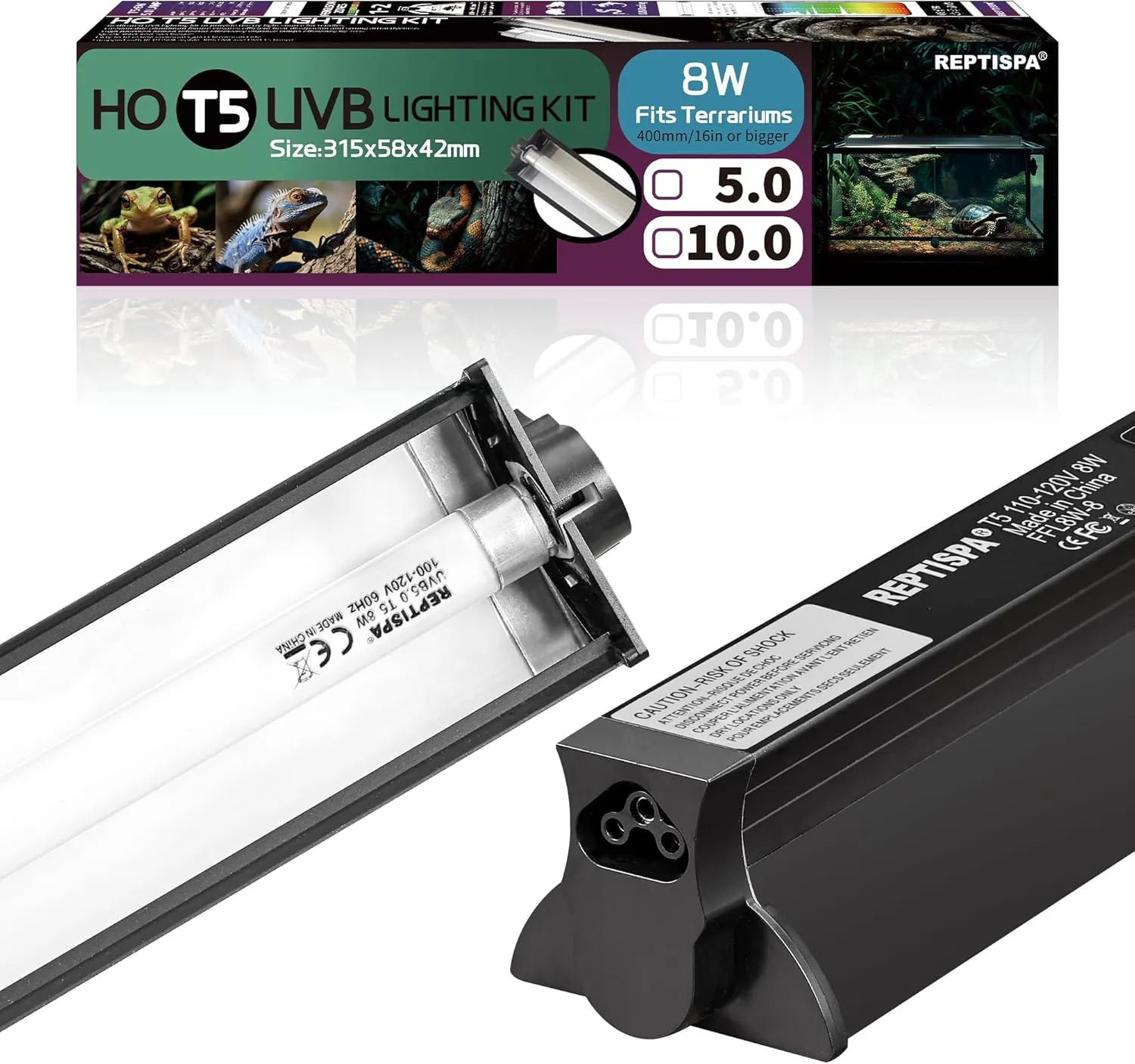 T5 HO UVB Lighting Combo Kit, 8W Reptile Light Fixture with Fluorescent Light Bulbs, Desert 10.0 UVB Light for Reptiles and Amphibians, Basking Light for Bearded Dragon, High Output Natural Light