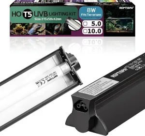 T5 HO UVB Lighting Combo Kit, 8W Reptile Light Fixture with Fluorescent Light Bulbs, Desert 10.0 UVB Light for Reptiles and Amphibians, Basking Light for Bearded Dragon, High Output Natural Light