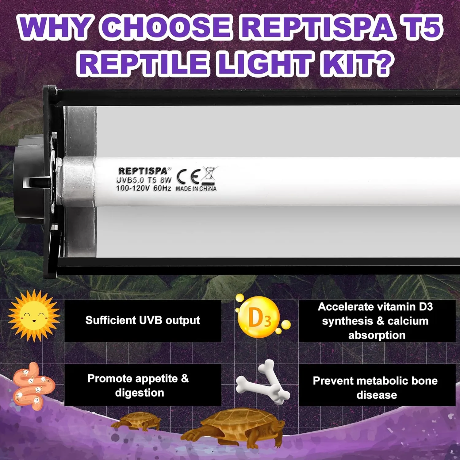 T5 HO UVB Lighting Combo Kit, 8W Reptile Light Fixture with Fluorescent Light Bulbs, Desert 10.0 UVB Light for Reptiles and Amphibians, Basking Light for Bearded Dragon, High Output Natural Light