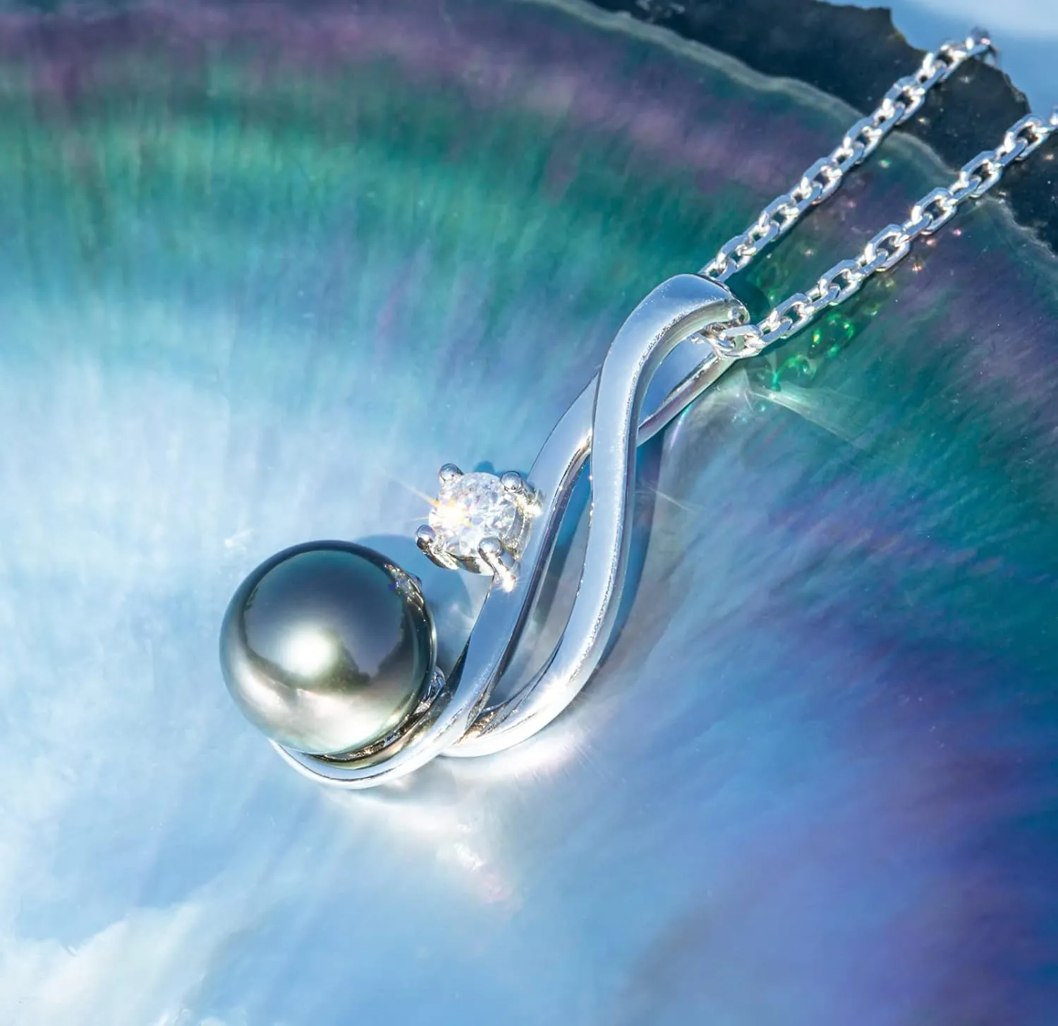 Tahitian Black Pearl Necklace, 9-11mm AAAA Quality Handpicked Tahitian Black Pearls, D Color Moissanite, Sterling Silver / 10K Solid White Gold, 45 2 3mm Adjustable Chain
