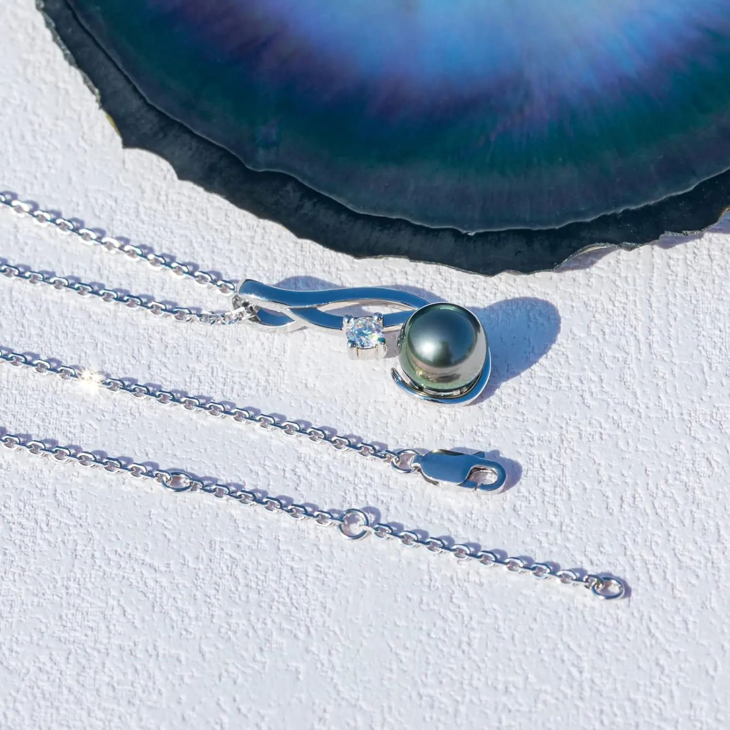 Tahitian Black Pearl Necklace, 9-11mm AAAA Quality Handpicked Tahitian Black Pearls, D Color Moissanite, Sterling Silver / 10K Solid White Gold, 45 2 3mm Adjustable Chain