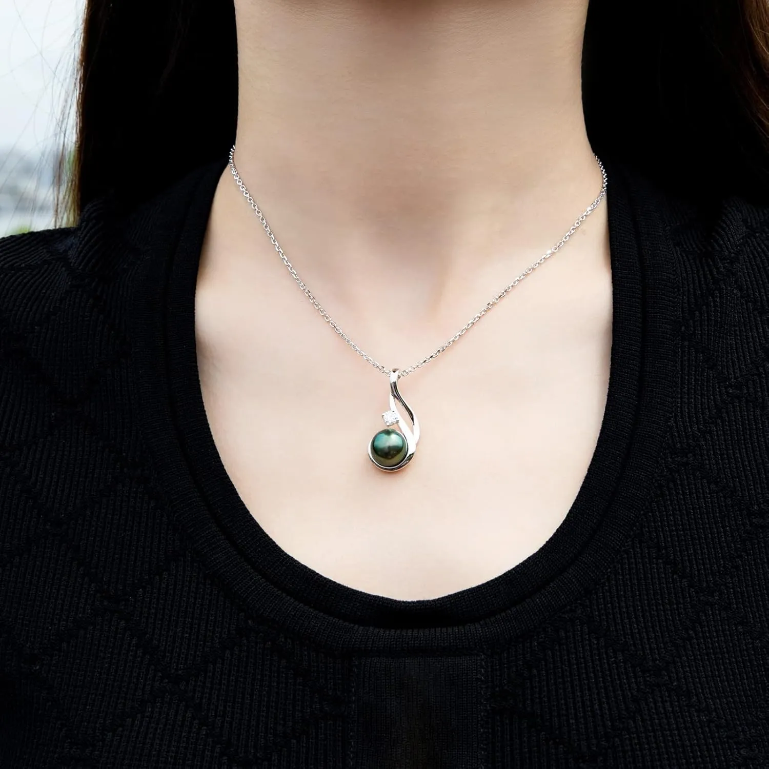 Tahitian Black Pearl Necklace, 9-11mm AAAA Quality Handpicked Tahitian Black Pearls, D Color Moissanite, Sterling Silver / 10K Solid White Gold, 45 2 3mm Adjustable Chain