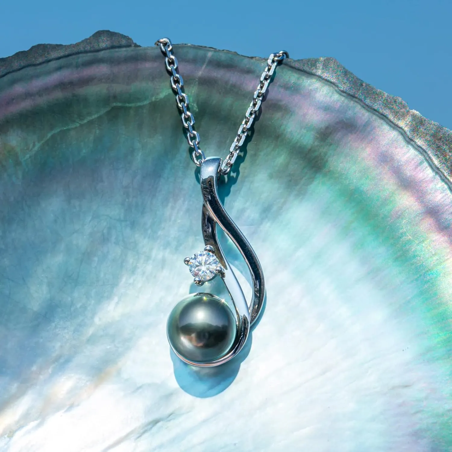 Tahitian Black Pearl Necklace, 9-11mm AAAA Quality Handpicked Tahitian Black Pearls, D Color Moissanite, Sterling Silver / 10K Solid White Gold, 45 2 3mm Adjustable Chain