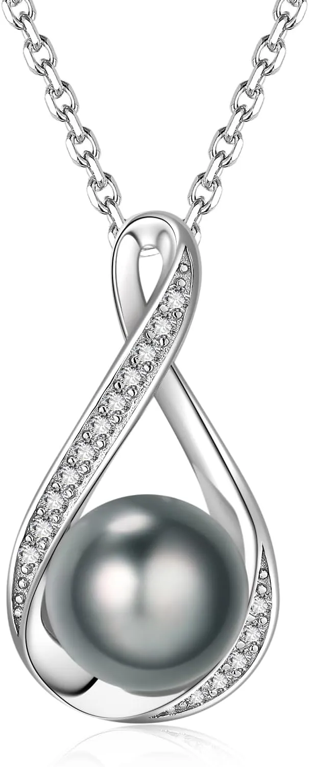 Tahitian Black Pearl Necklace with 925 Sterling Silver Infinity Loop | Heart | Saturn Pendant | Near-Round Dark Overtone Natural Pearls | Symbolic Jewelry Gift for Eternal Love & Empowerment 18'' 2''