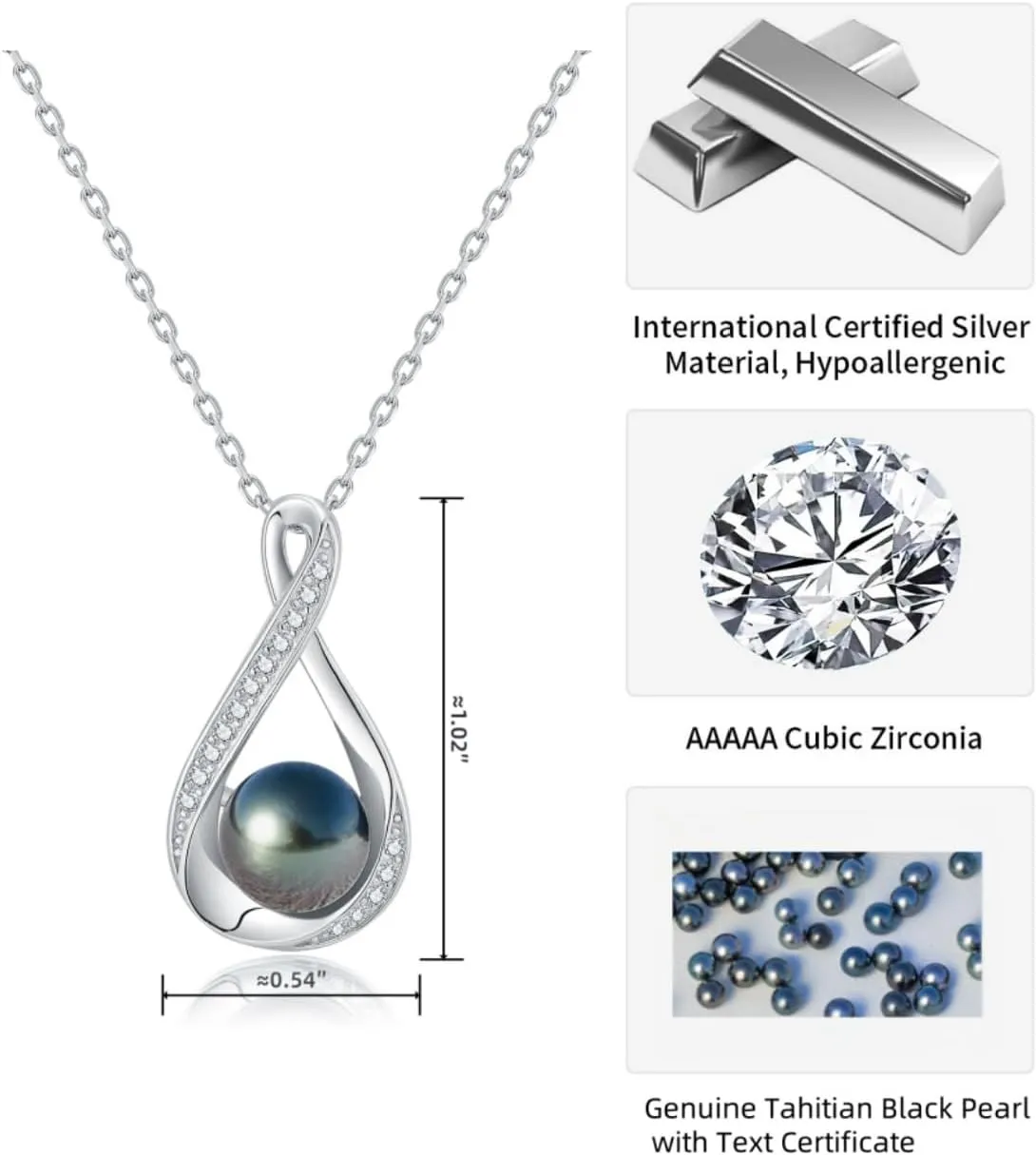 Tahitian Black Pearl Necklace with 925 Sterling Silver Infinity Loop | Heart | Saturn Pendant | Near-Round Dark Overtone Natural Pearls | Symbolic Jewelry Gift for Eternal Love & Empowerment 18'' 2''