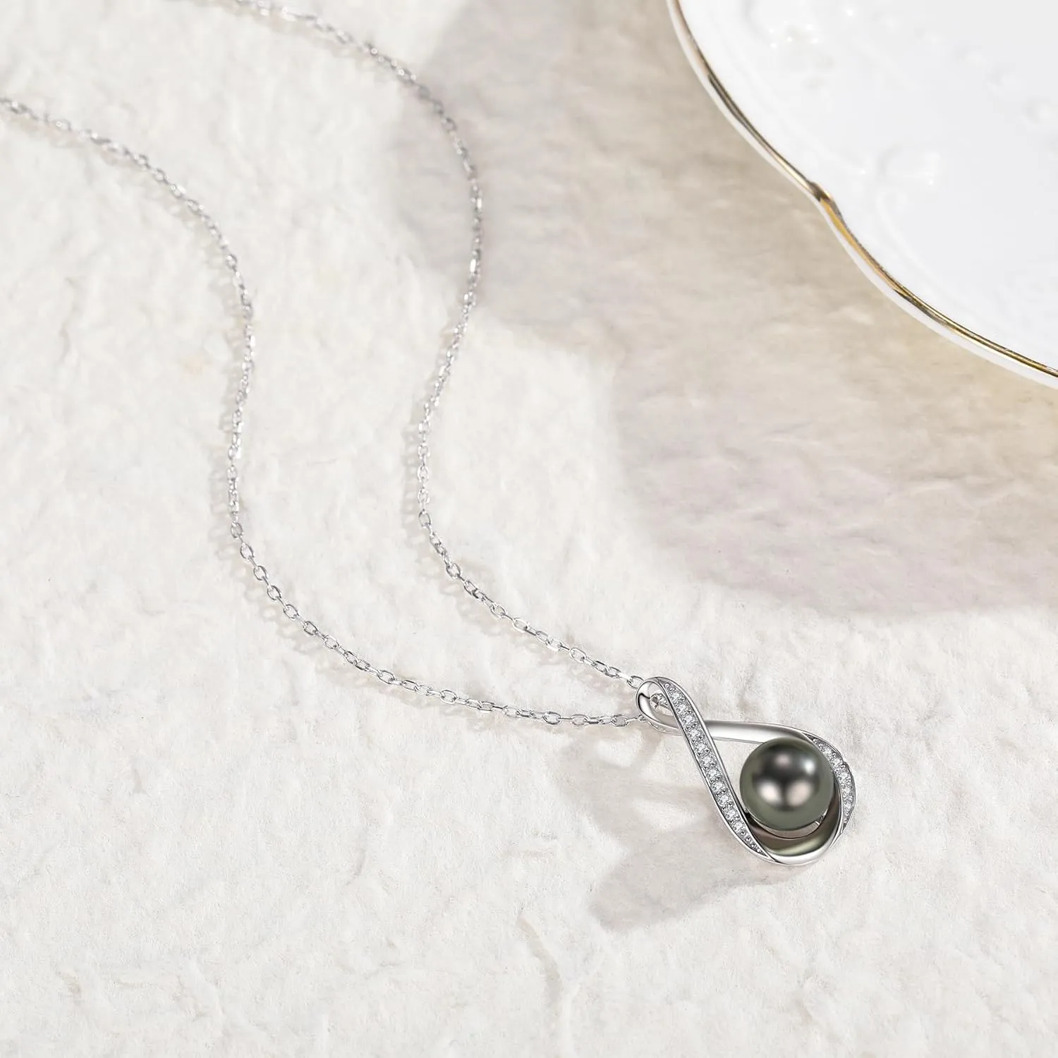 Tahitian Black Pearl Necklace with 925 Sterling Silver Infinity Loop | Heart | Saturn Pendant | Near-Round Dark Overtone Natural Pearls | Symbolic Jewelry Gift for Eternal Love & Empowerment 18'' 2''