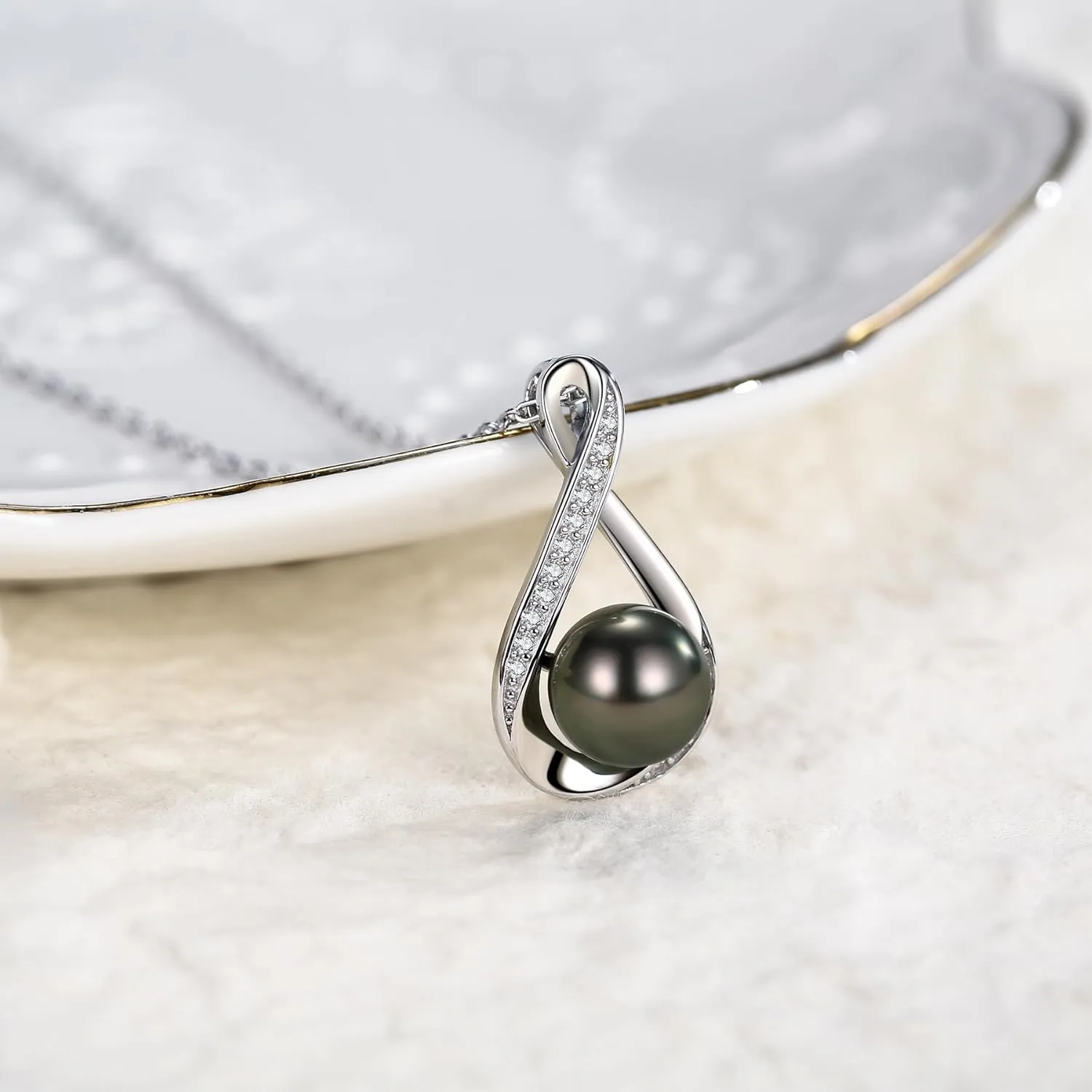 Tahitian Black Pearl Necklace with 925 Sterling Silver Infinity Loop | Heart | Saturn Pendant | Near-Round Dark Overtone Natural Pearls | Symbolic Jewelry Gift for Eternal Love & Empowerment 18'' 2''