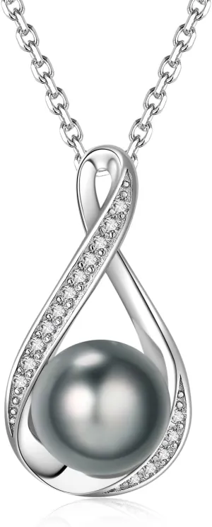 Tahitian Black Pearl Necklace with 925 Sterling Silver Infinity Loop | Heart | Saturn Pendant | Near-Round Dark Overtone Natural Pearls | Symbolic Jewelry Gift for Eternal Love & Empowerment 18'' 2''