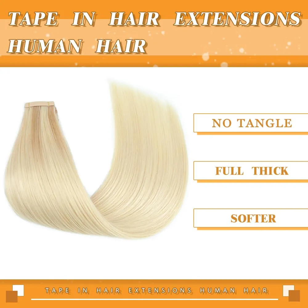 Tape in Hair Extensions Human Hair 14 Inch 20pcs Balayage Ash Blonde Mixed Platinum Blonde Straight Invisible Seamless Remy Tape in Hair Extensions Human Hair(18/60/60#,14 Inch)