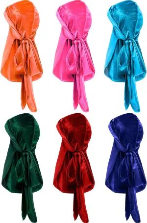 Tatuo 6 Pieces Velvet Durag for Men Stretchable Luxury Wave Cap with Long Tail and Wide Straps for Men Women