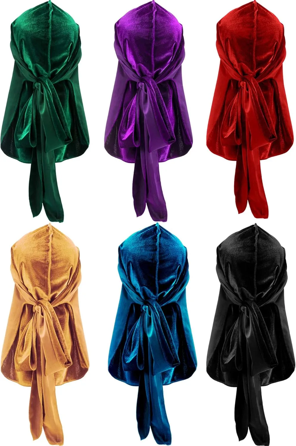 Tatuo 6 Pieces Velvet Durag for Men Stretchable Luxury Wave Cap with Long Tail and Wide Straps for Men Women