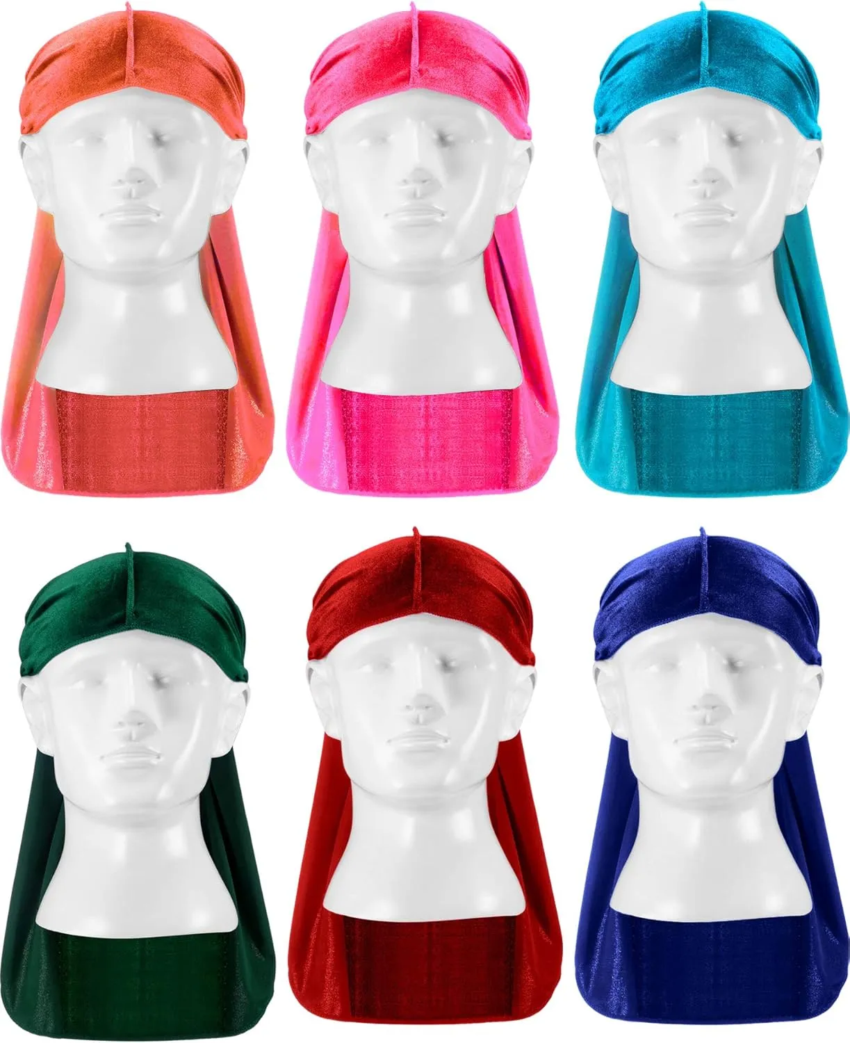 Tatuo 6 Pieces Velvet Durag for Men Stretchable Luxury Wave Cap with Long Tail and Wide Straps for Men Women