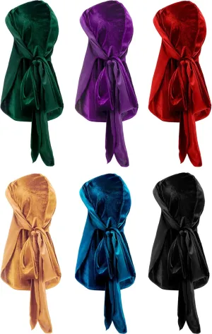 Tatuo 6 Pieces Velvet Durag for Men Stretchable Luxury Wave Cap with Long Tail and Wide Straps for Men Women