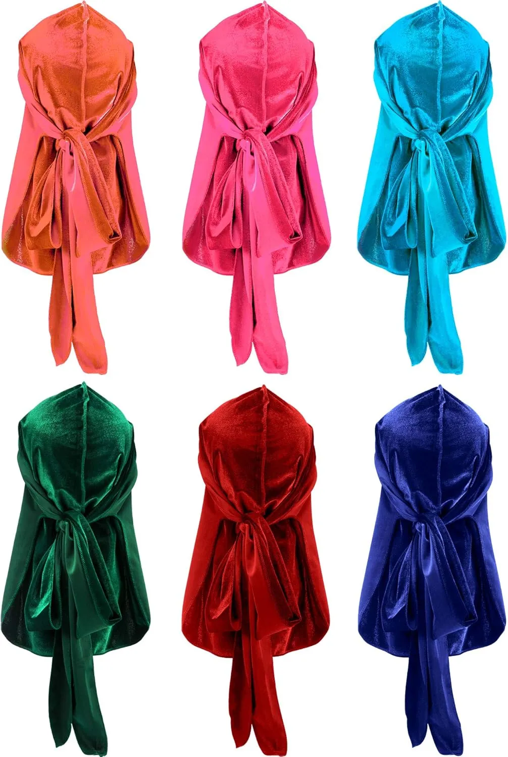 Tatuo 6 Pieces Velvet Durag for Men Stretchable Luxury Wave Cap with Long Tail and Wide Straps for Men Women