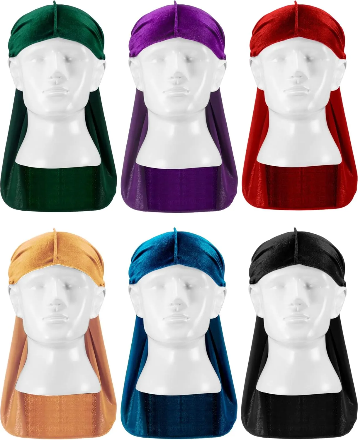 Tatuo 6 Pieces Velvet Durag for Men Stretchable Luxury Wave Cap with Long Tail and Wide Straps for Men Women