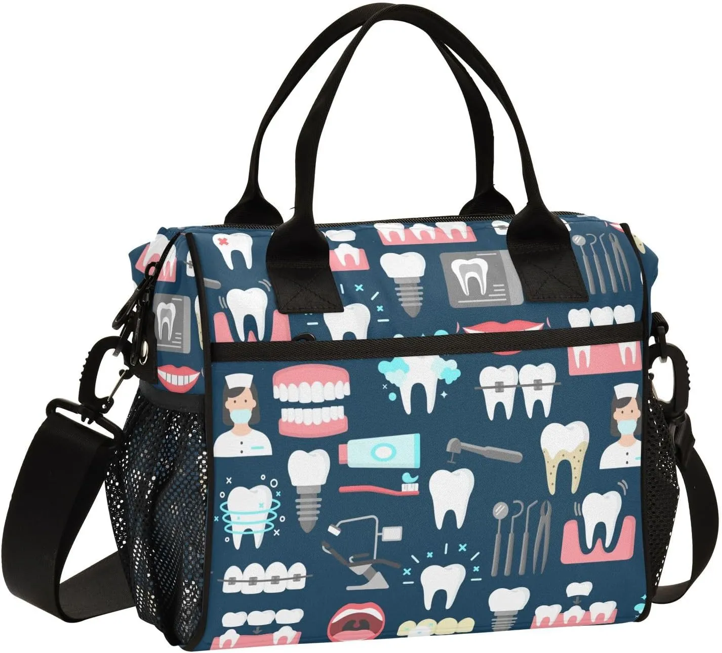 Teeth Dental Pattern Lunch Bag Reusable Lunch Box for Office Hiking Picnic Beach, Insulated Cooler Tote Food Container with Adjustable Shoulder Strap for Women Men Adults