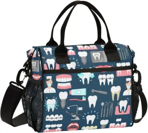 Teeth Dental Pattern Lunch Bag Reusable Lunch Box for Office Hiking Picnic Beach, Insulated Cooler Tote Food Container with Adjustable Shoulder Strap for Women Men Adults