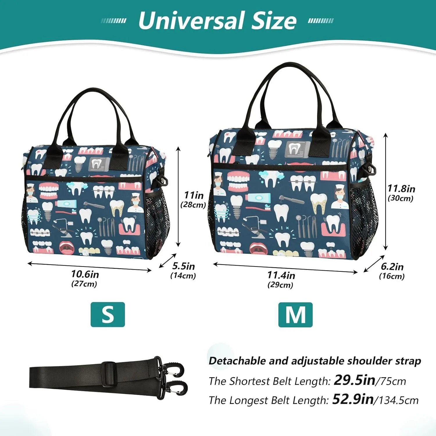 Teeth Dental Pattern Lunch Bag Reusable Lunch Box for Office Hiking Picnic Beach, Insulated Cooler Tote Food Container with Adjustable Shoulder Strap for Women Men Adults