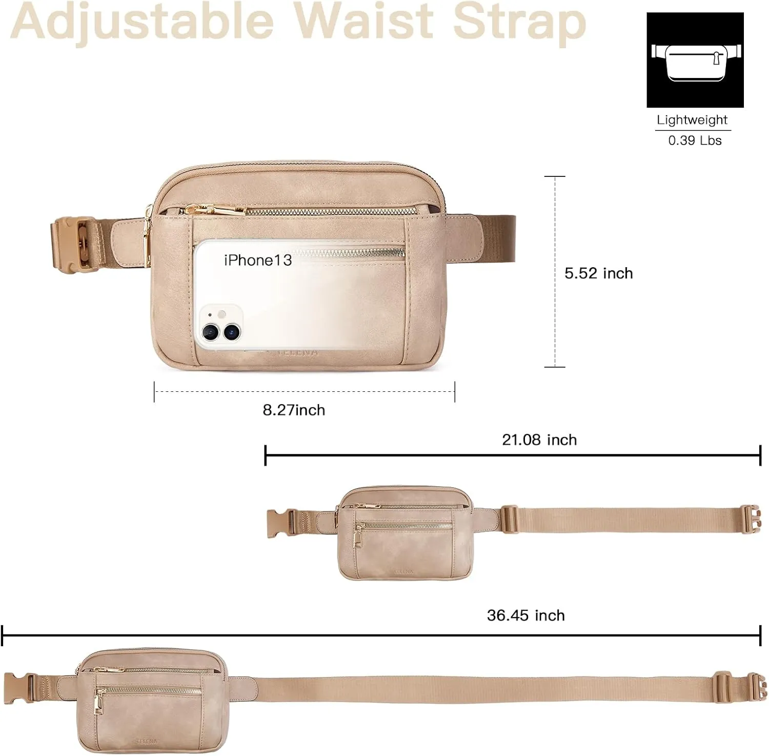 Telena Fanny Packs for Women Cross Body Bag Leather Belt Bag Fashionable Waist Bag with Adjustable Strap Light Brown