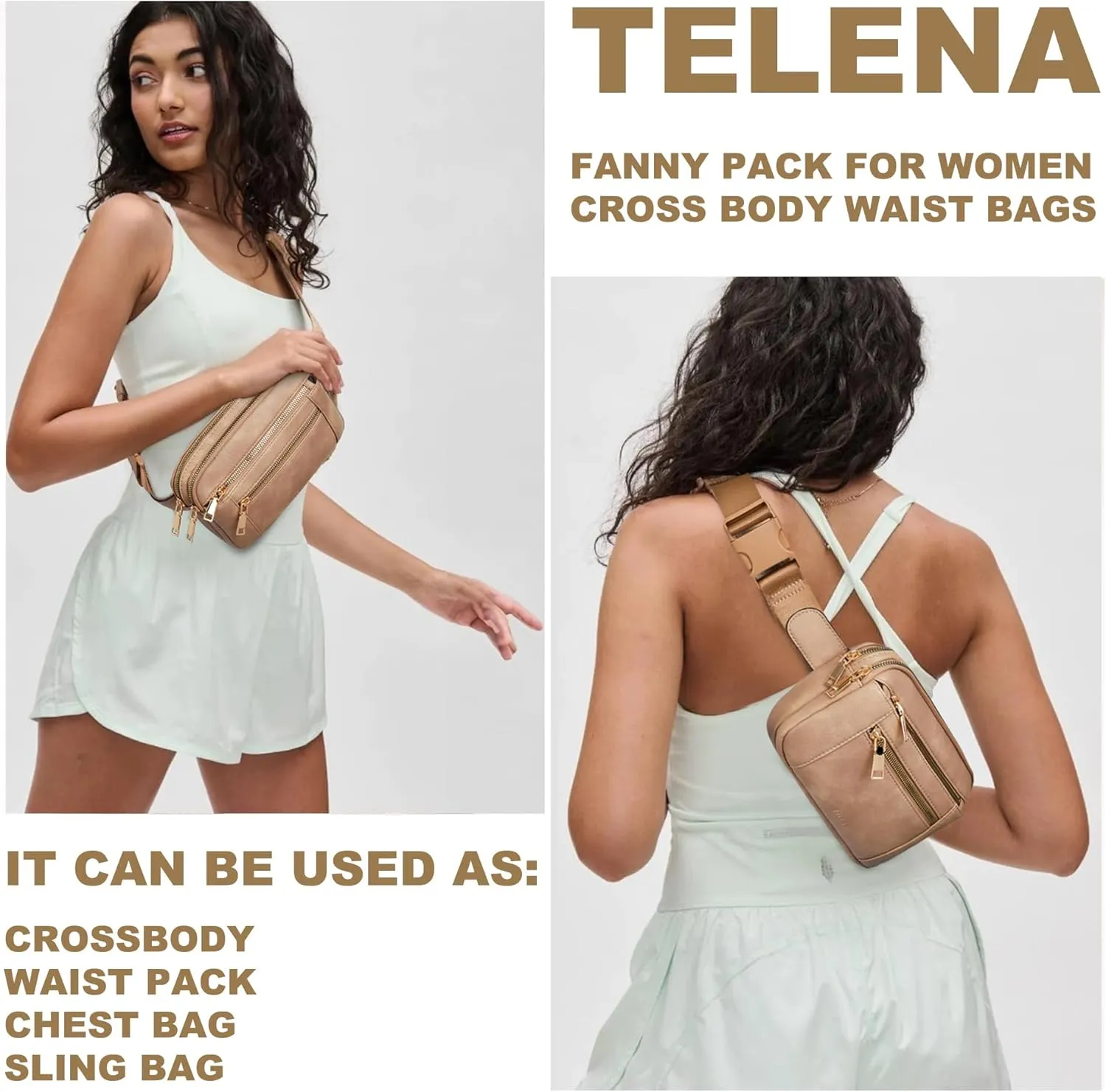 Telena Fanny Packs for Women Cross Body Bag Leather Belt Bag Fashionable Waist Bag with Adjustable Strap Light Brown