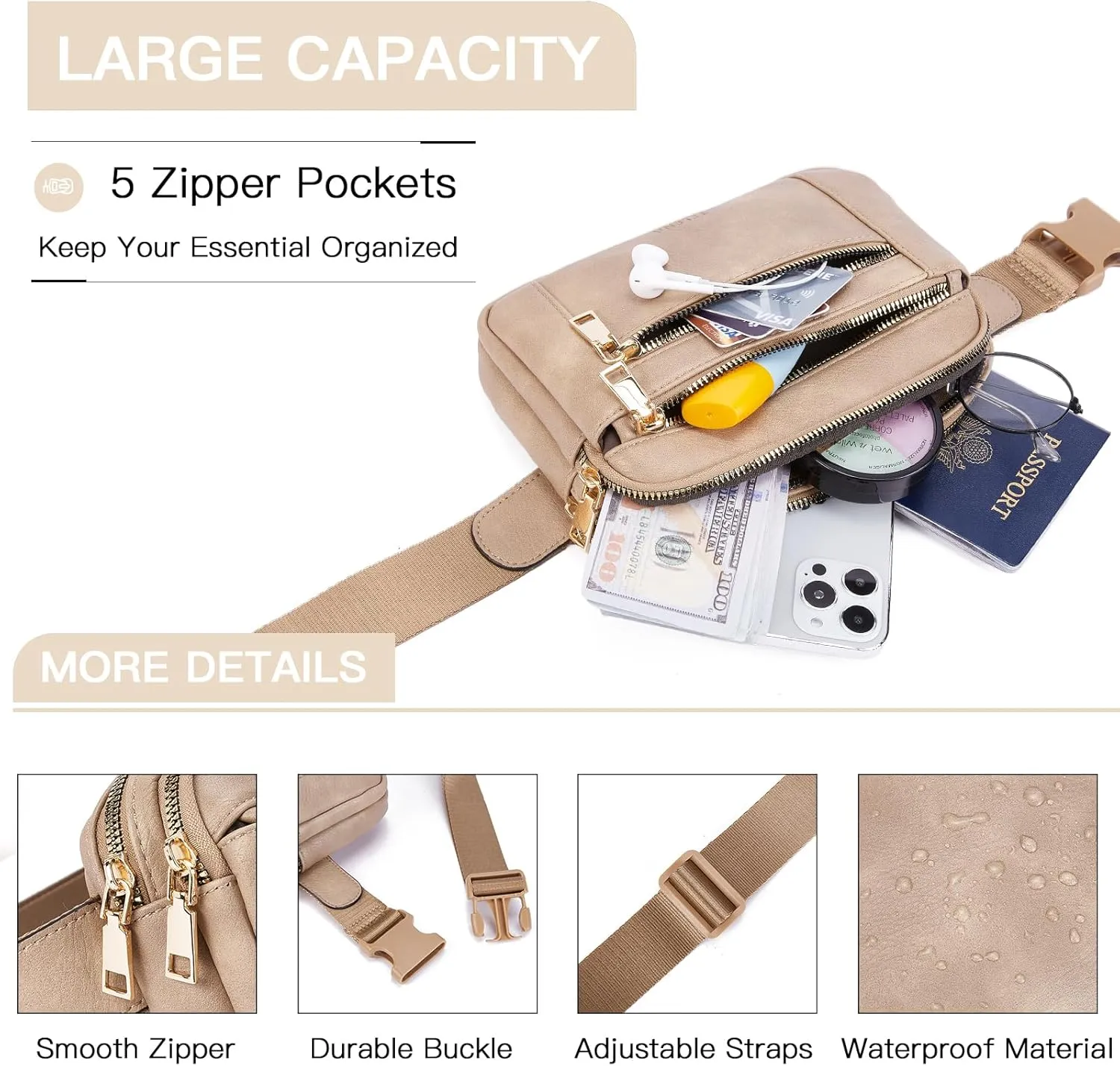 Telena Fanny Packs for Women Cross Body Bag Leather Belt Bag Fashionable Waist Bag with Adjustable Strap Light Brown