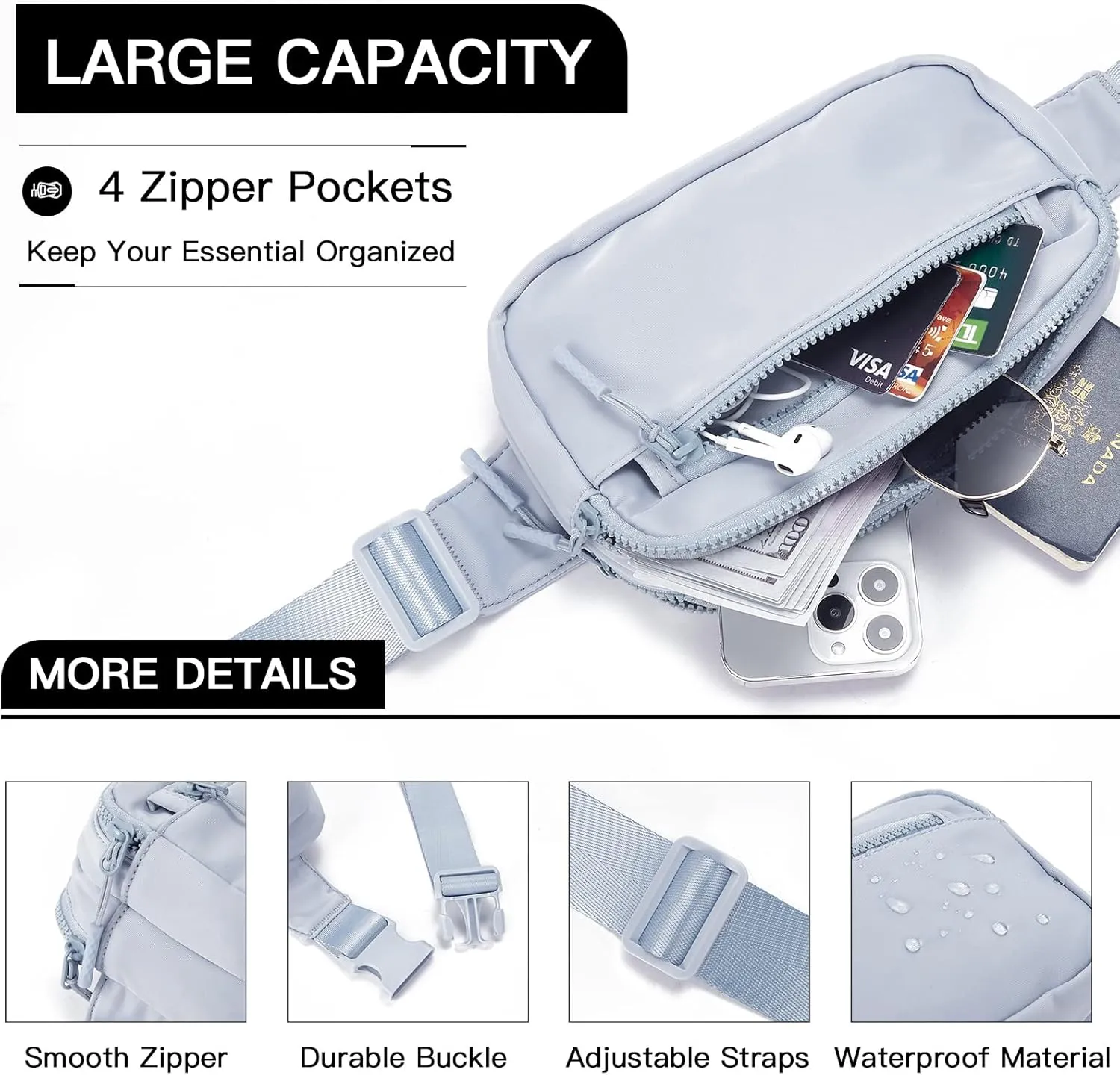 Telena Fanny Packs for Women Men Fashionable Cross Body Belt Bag with Adjustable Straps Grey Blue