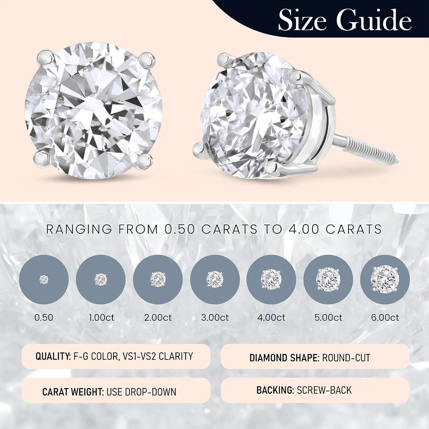 The Diamond Channel CERTIFIED 1 to 6 Carat LAB GROWN Solitaire Diamond Stud Earrings Round Cut 4 Prong Screw Back (F-G Color, VS1-VS2 Eye Clean Clarity)