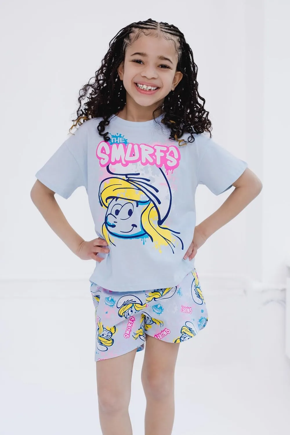 The Smurfs Girls T-Shirt and French Terry Shorts Outfit Set Toddler to Big Kid Sizes (2T - 10-12)