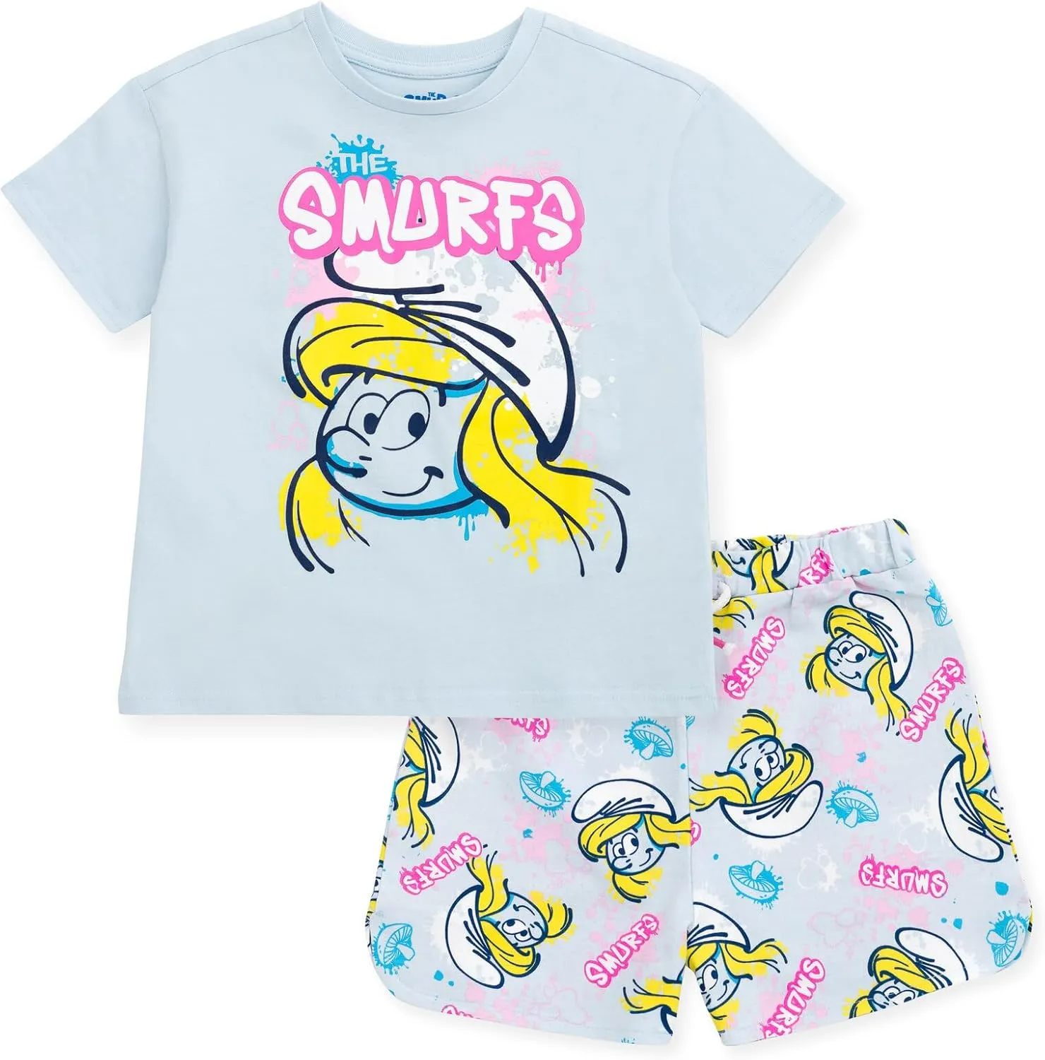 The Smurfs Girls T-Shirt and French Terry Shorts Outfit Set Toddler to Big Kid Sizes (2T - 10-12)