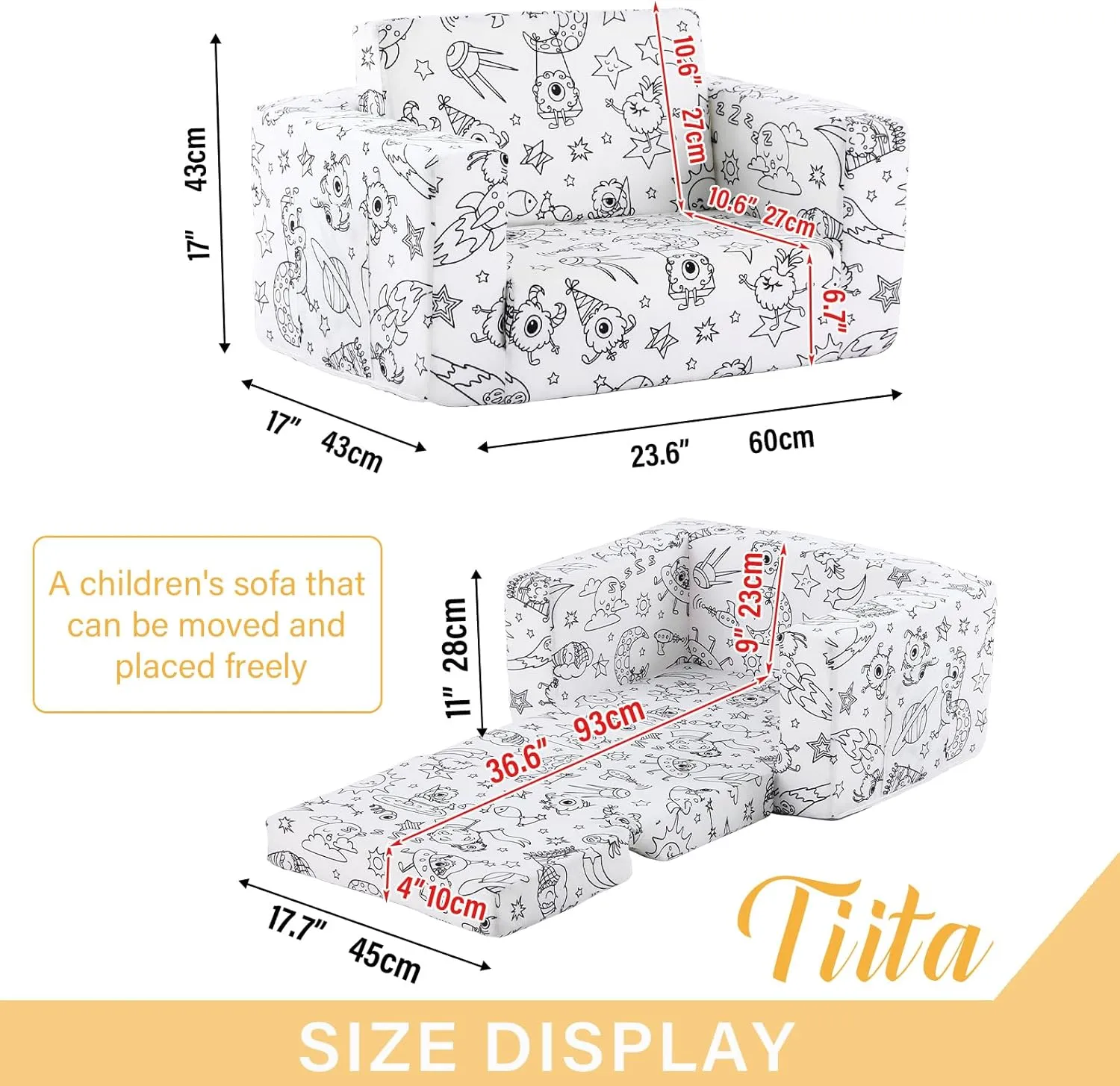 Tiita Kids Sofa Couch, Convertible Children Couch to Lounger, Toddler Comfy Sofa with Cute Graffiti Pattern Design for Girls and Boys, Graffiti