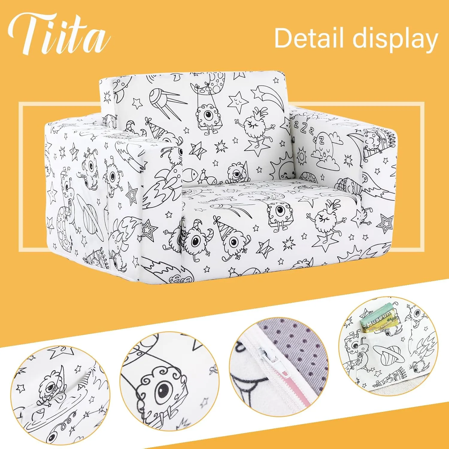 Tiita Kids Sofa Couch, Convertible Children Couch to Lounger, Toddler Comfy Sofa with Cute Graffiti Pattern Design for Girls and Boys, Graffiti