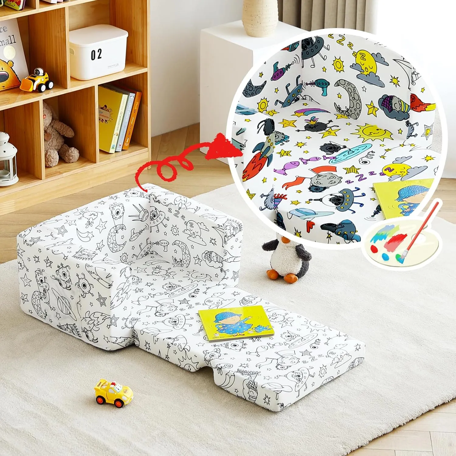 Tiita Kids Sofa Couch, Convertible Children Couch to Lounger, Toddler Comfy Sofa with Cute Graffiti Pattern Design for Girls and Boys, Graffiti
