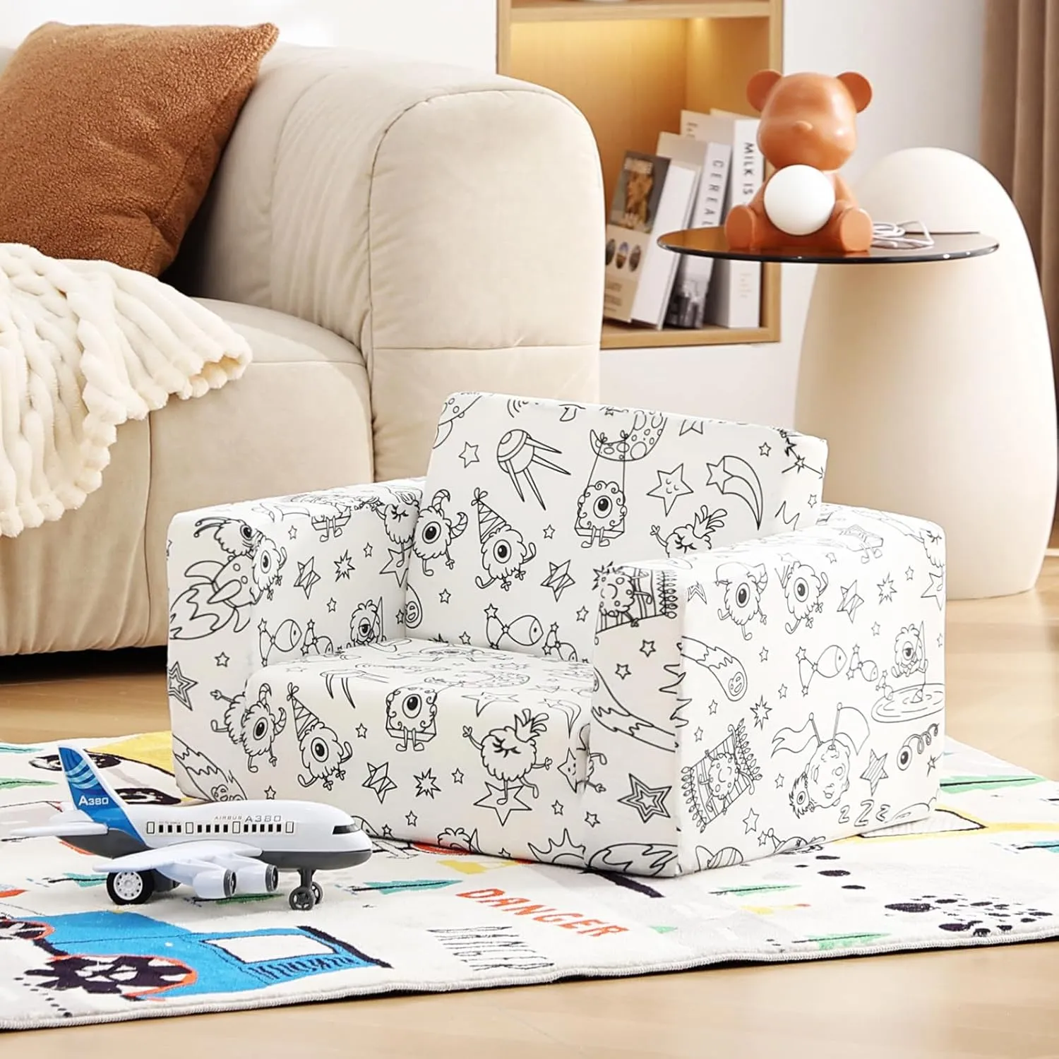 Tiita Kids Sofa Couch, Convertible Children Couch to Lounger, Toddler Comfy Sofa with Cute Graffiti Pattern Design for Girls and Boys, Graffiti