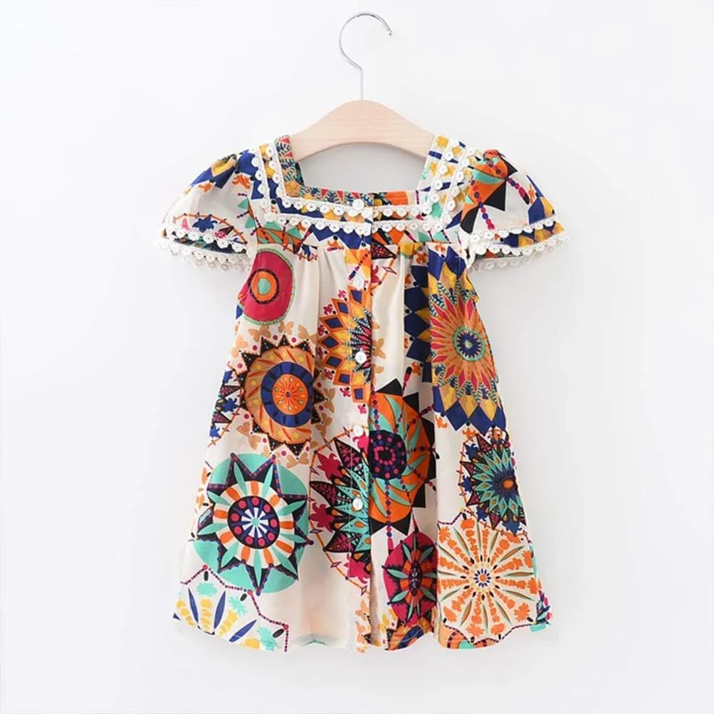 Toddler Girl Dress Bohemia Button Lace Sleeveless Sunflower Floral Princess Toddler Girl Clothes