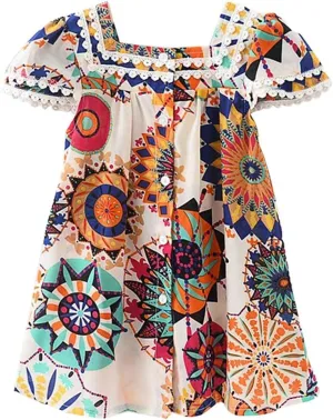 Toddler Girl Dress Bohemia Button Lace Sleeveless Sunflower Floral Princess Toddler Girl Clothes