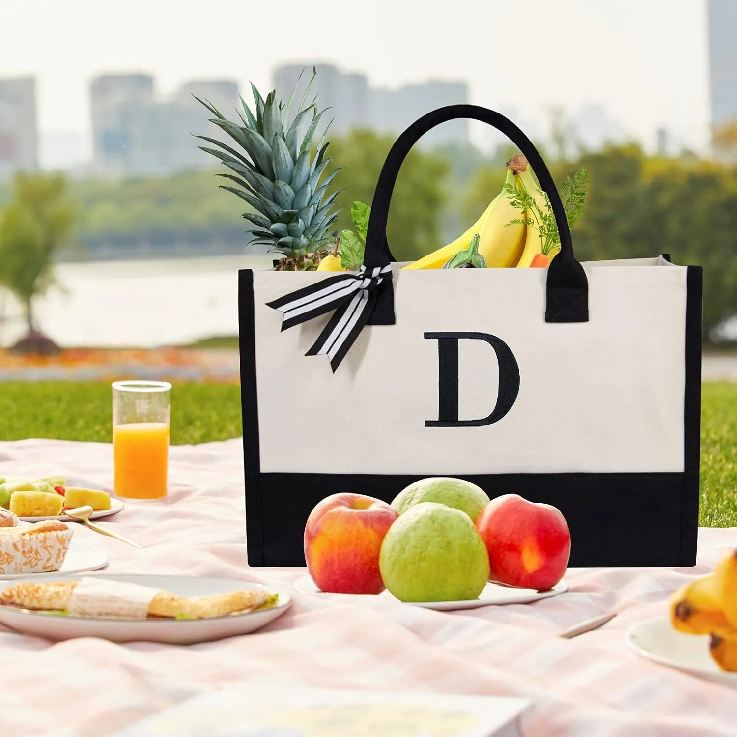 TOPDesign Embroidery Initial Canvas Tote Bag, Personalized Present Bag, Suitable for Wedding, Birthday, Beach, Holiday, is a Great Gift for Women, Mom, Teachers, Friends, Bridesmaids (Letter D)