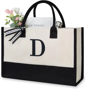 TOPDesign Embroidery Initial Canvas Tote Bag, Personalized Present Bag, Suitable for Wedding, Birthday, Beach, Holiday, is a Great Gift for Women, Mom, Teachers, Friends, Bridesmaids (Letter D)
