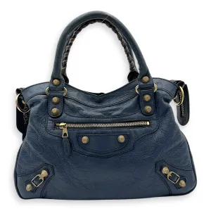 Town Blue Top Handle Bag in Distressed Leather, Gold hardware