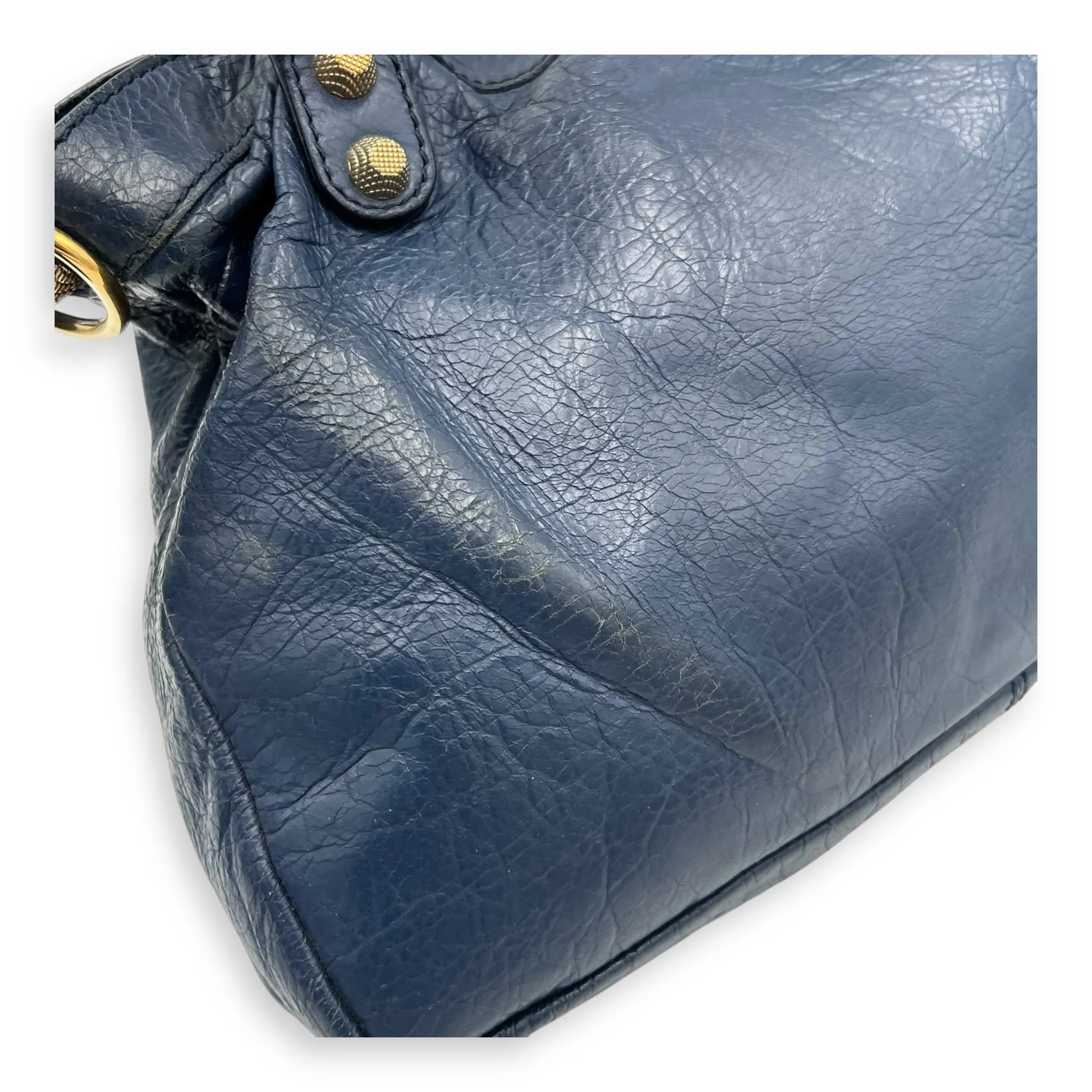 Town Blue Top Handle Bag in Distressed Leather, Gold hardware