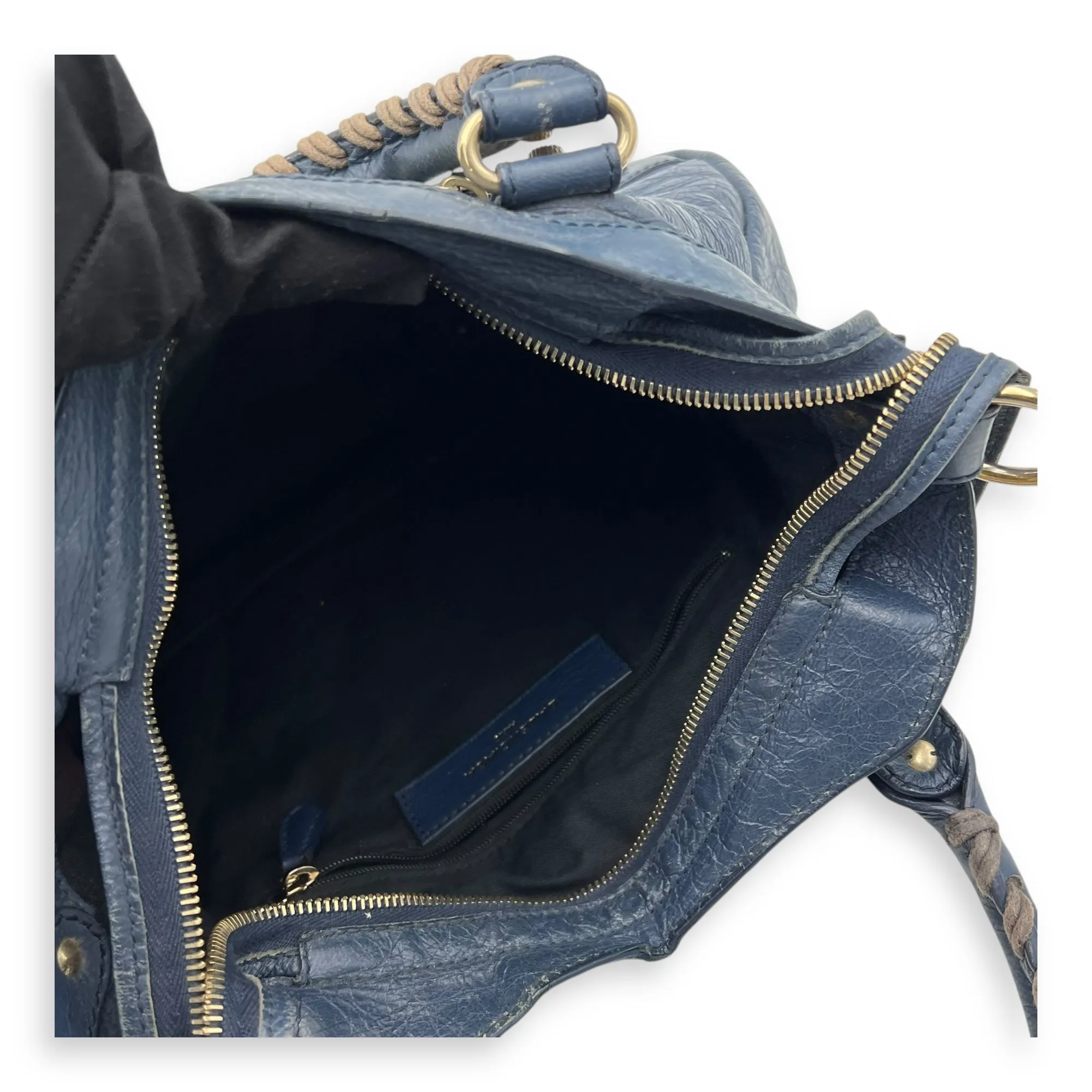 Town Blue Top Handle Bag in Distressed Leather, Gold hardware