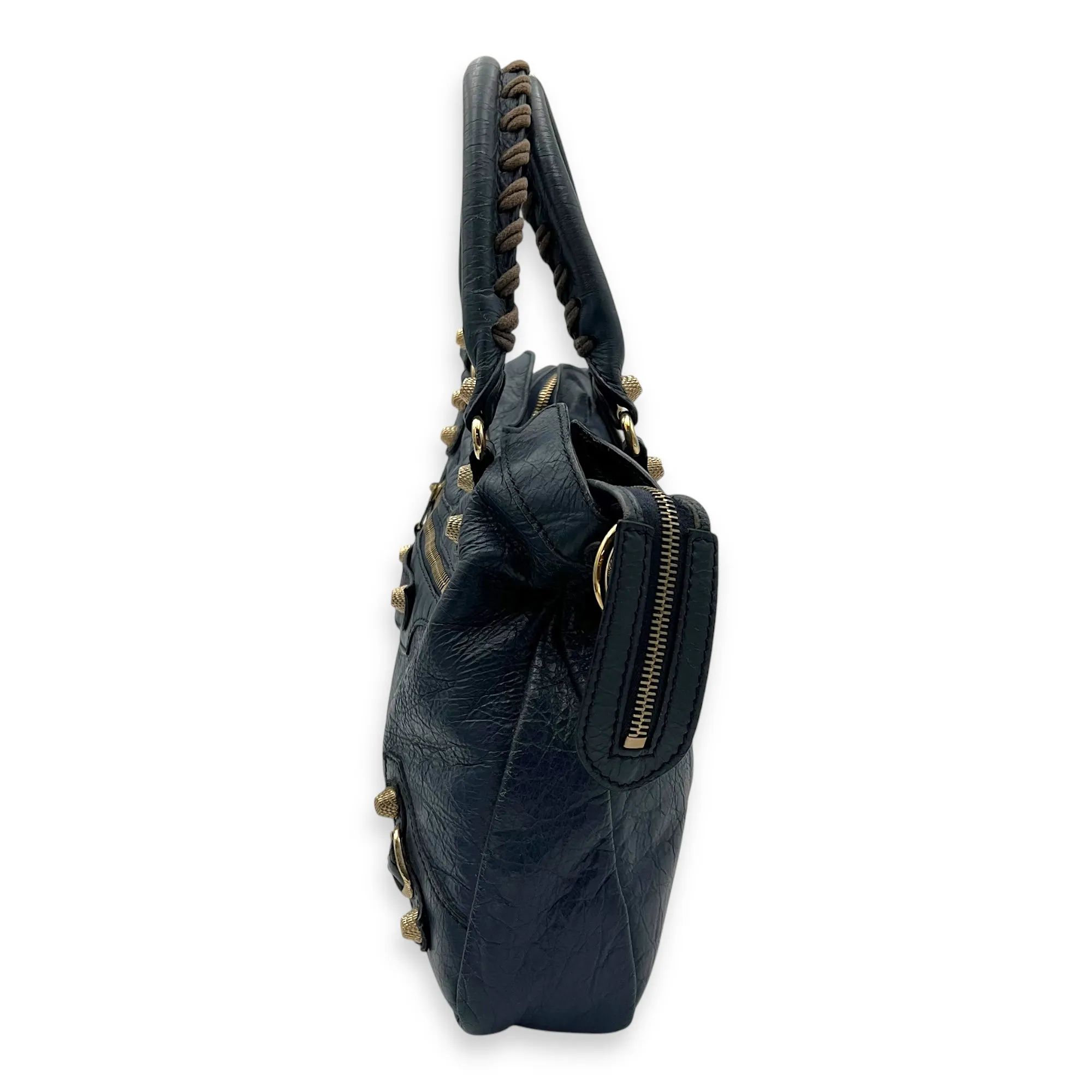 Town Blue Top Handle Bag in Distressed Leather, Gold hardware
