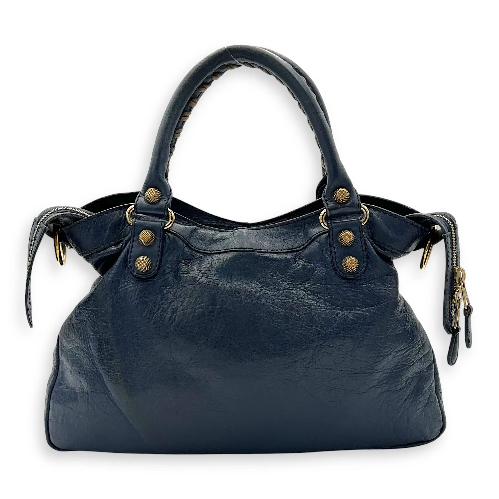 Town Blue Top Handle Bag in Distressed Leather, Gold hardware